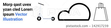Sustainable mobility, digital storage, ecommerce, technology, modern solutions, online retail. Monochrome design a scooter, cloud and shopping bag. Sustainable mobility and digital storage concepts Sustainable mobility, digital storage, ecommerce, technology, modern solutions, online retail. Monochrome design a scooter, cloud and shopping bag. Sustainable mobility and digital storage concepts 142917239