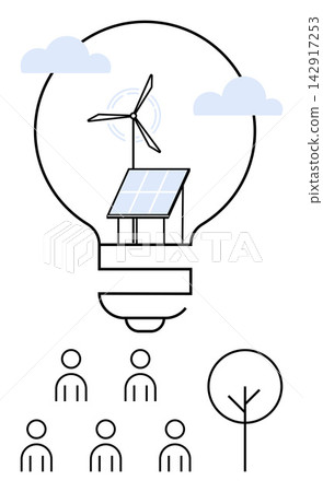 Renewable energy, clean technology, community engagement, sustainability, environmental conservation, innovation. Solar panel and wind turbine inside a light bulb. Renewable energy and clean 142917253