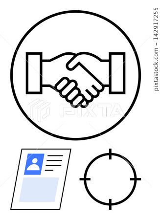 Collaboration, trust, identification, target, partnerships, goal setting. Handshake icon, ID card and target symbol. Collaboration and trust conceptualized through handshake and ID imagery Collaboration, trust, identification, target, partnerships, goal setting. Handshake icon, ID card and target symbol. Collaboration and trust conceptualized through handshake and ID imagery 142917255