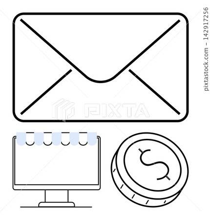 E-commerce, digital marketing, financial transactions, email communication, online stores, payment methods. Envelope, coin and storefront symbols in clean black and white. E-commerce and online E-commerce, digital marketing, financial transactions, email communication, online stores, payment methods. Envelope, coin and storefront symbols in clean black and white. E-commerce and online 142917256