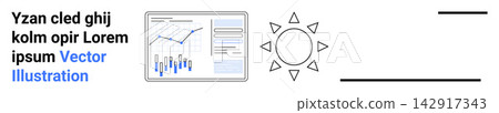 Data analysis, renewable energy, technology interface, sustainability, diagram charts, reporting tools. Dashboard with graphs and a sun icon. Data analysis and renewable energy Data analysis, renewable energy, technology interface, sustainability, diagram charts, reporting tools. Dashboard with graphs and a sun icon. Data analysis and renewable energy 142917343