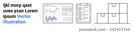 Business strategy, logistics management, data analysis, task organization, inventory tracking, productivity. Graph on a screen, checklist clipboard stacked boxes. Business and logistics management Business strategy, logistics management, data analysis, task organization, inventory tracking, productivity. Graph on a screen, checklist clipboard stacked boxes. Business and logistics management 142917344