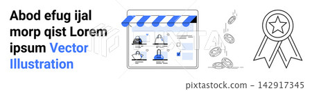 Online retail, e-commerce solutions, business rewards, store management, financial growth, monetary success. Website with products, medal and coins. E-commerce and business rewards concept Online retail, e-commerce solutions, business rewards, store management, financial growth, monetary success. Website with products, medal and coins. E-commerce and business rewards concept 142917345