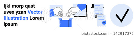 Financial exchanges, online transactions, digital signatures, documents, approval, verification process. Hands exchanging cryptocurrency, checklist and approval mark. Financial exchanges Financial exchanges, online transactions, digital signatures, documents, approval, verification process. Hands exchanging cryptocurrency, checklist and approval mark. Financial exchanges 142917375