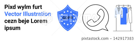 Data protection, privacy compliance, telecommunications, fashion retail, cybersecurity, and e-commerce. Features GDPR shield, phone icon and clothing rack. Data protection and telecommunications Data protection, privacy compliance, telecommunications, fashion retail, cybersecurity, and e-commerce. Features GDPR shield, phone icon and clothing rack. Data protection and telecommunications 142917383