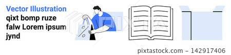 E-commerce, education, office storage, retail shopping, reading, organization. Male character holding shopping bag, open book and file folders. E-commerce and education E-commerce, education, office storage, retail shopping, reading, organization. Male character holding shopping bag, open book and file folders. E-commerce and education 142917406