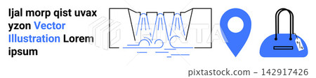 Sustainable tourism, online shopping, travel, urban design, environmental awareness, location services. Stylized waterfall, map pin and handbag. Sustainable tourism and online shopping concepts Sustainable tourism, online shopping, travel, urban design, environmental awareness, location services. Stylized waterfall, map pin and handbag. Sustainable tourism and online shopping concepts 142917426