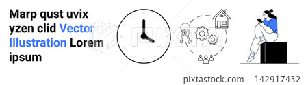 Productivity, remote work, time tracking, efficiency, technology, and planning. Clock, gear icons house and a person with a smartphone. Productivity and time tracking concepts Productivity, remote work, time tracking, efficiency, technology, and planning. Clock, gear icons house and a person with a smartphone. Productivity and time tracking concepts 142917432