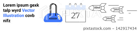 Cybersecurity, digital protection, online threats, data encryption, network security, system attacks. A secure padlock, calendar with date 27 and DDoS attack icons. Cybersecurity and digital Cybersecurity, digital protection, online threats, data encryption, network security, system attacks. A secure padlock, calendar with date 27 and DDoS attack icons. Cybersecurity and digital 142917434