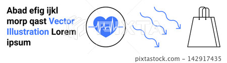 E-commerce, healthcare, flow movement, online shopping, retail, wellness symbols. Heartbeat icon in a circle, arrows highlighting movement and a shopping bag silhouette. E-commerce and healthcare 142917435