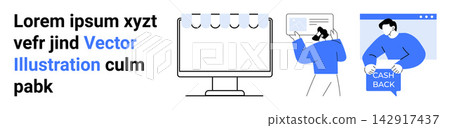 Business management, finance solutions, cashback, digital documents, productivity, online services. are a computer, a person managing documents and cashback illustration. Business management Business management, finance solutions, cashback, digital documents, productivity, online services. are a computer, a person managing documents and cashback illustration. Business management 142917437