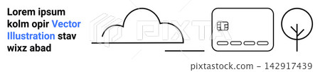 Technology, nature, eco-friendly living, simplicity, digital design, connectivity. Minimalist line art of a cloud, card icon and tree. Technology and nature concepts expressed in modern design Technology, nature, eco-friendly living, simplicity, digital design, connectivity. Minimalist line art of a cloud, card icon and tree. Technology and nature concepts expressed in modern design 142917439