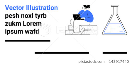Education, research, online learning, scientific study, innovation, digital work. Person with laptop sitting on steps and a laboratory flask. Education and research concept 142917440