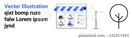 Renewable energy, online shopping, sustainability, environment, ecommerce icons, clean energy. Visuals include an online store interface, a wind turbine and a simple tree outline. Renewable energy 142917443