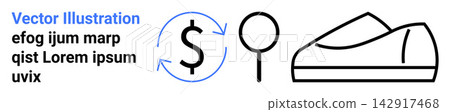 Financial tools, commerce, shopping, e-commerce, analysis, design. A dollar symbol with arrows, a magnifier and a shoe illustration. Financial tools and commerce concepts Financial tools, commerce, shopping, e-commerce, analysis, design. A dollar symbol with arrows, a magnifier and a shoe illustration. Financial tools and commerce concepts 142917468