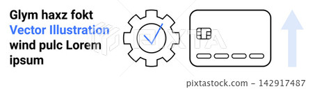 Online payments, success, security, progress, credit transactions, business growth. Gear with checkmark, credit card upward arrow. Online payments and success in secure transactions concept Online payments, success, security, progress, credit transactions, business growth. Gear with checkmark, credit card upward arrow. Online payments and success in secure transactions concept 142917487