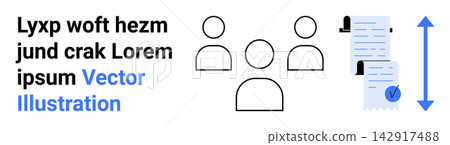 Workflow, document management, team collaboration, identity verification, data organization, visual communication. Group of people icons, document with checkmark vertical arrow. Workflow Workflow, document management, team collaboration, identity verification, data organization, visual communication. Group of people icons, document with checkmark vertical arrow. Workflow 142917488