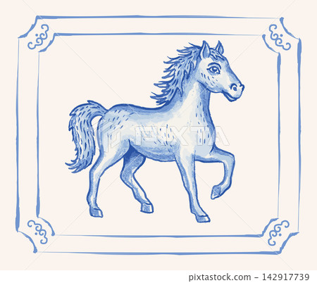 Vector vintage watercolor illustration of horse in Asian for Chinese new year 2026. Vector illustration of horse in watercolor style. Vector vintage watercolor illustration of horse in Asian for Chinese new year 2026. Vector illustration of horse in watercolor style. 142917739