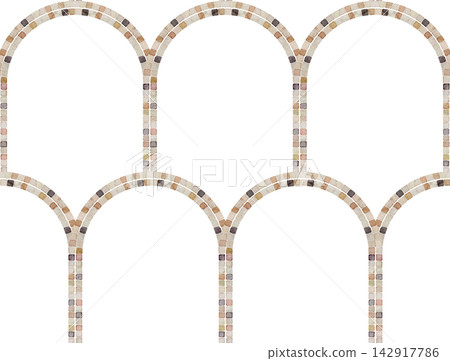 Roman Arcade seamless Pattern with repeating rounded Arches outlined in mosaic stone tesserae. Watercolor architectural ornament for Mediterranean wallpaper, textile and surface design. Roman Arcade seamless Pattern with repeating rounded Arches outlined in mosaic stone tesserae. Watercolor architectural ornament for Mediterranean wallpaper, textile and surface design. 142917786