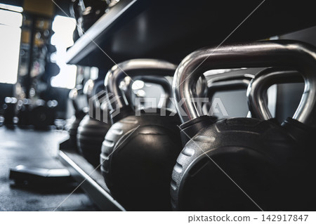 Row Of Iron Kettlebells In A Fitness Gym Row Of Iron Kettlebells In A Fitness Gym 142917847