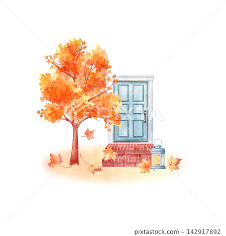 Cozy blue front door with brick steps, glowing lantern, orange maple tree and falling leaves watercolor autumn isolated illustration. Hand drawn cozy seasonal clipart for Thanksgiving, card and design 142917892