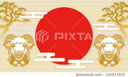 2027年新年設計模板 - 留白 - 身著傳統日式服裝的綿羊角色和初升的太陽 2027年新年設計模板 - 留白 - 身著傳統日式服裝的綿羊角色和初升的太陽 142917925