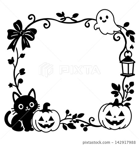 Cute black cat and jack-o'-lantern decorative frame (black and white) that can be used for Halloween invitations. Cute black cat and jack-o'-lantern decorative frame (black and white) that can be used for Halloween invitations. 142917988