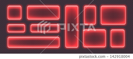 Glossy neon buttons, glowing glass banners in red color. Glossy neon buttons, glowing glass banners in red color. 142918004