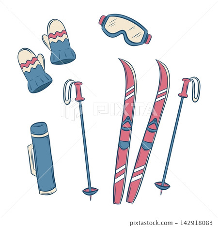 Vector set of winter sports gear with skis, poles, mittens and goggles Vector set of winter sports gear with skis, poles, mittens and goggles 142918083