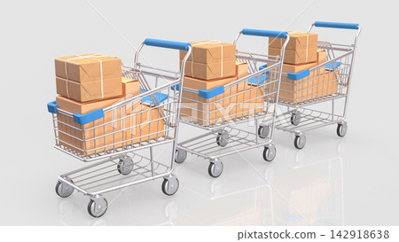 Three Shopping Carts Filled with Packages on a White Background 3d render. Three Shopping Carts Filled with Packages on a White Background 3d render. 142918638