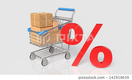 Shopping Cart with Packages and Bold Red Discount Symbol 3d render. Shopping Cart with Packages and Bold Red Discount Symbol 3d render. 142918639