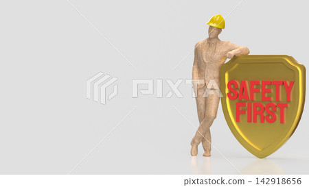 Construction Professional Beside Golden Safety First Shield with Copy Space 3d render. Construction Professional Beside Golden Safety First Shield with Copy Space 3d render. 142918656