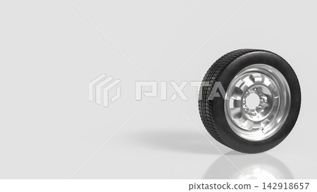 Black Rubber Tire with Shiny Silver Rim on Light Background 3d render. Black Rubber Tire with Shiny Silver Rim on Light Background 3d render. 142918657