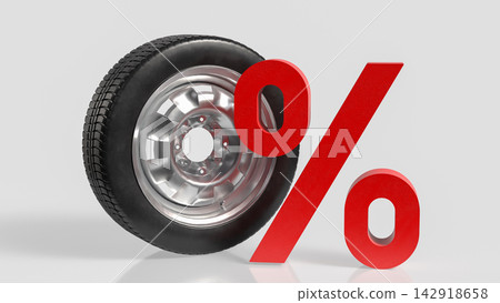 Car Tire with Red Percentage Symbol for Automotive Sale Promotions 3d render. Car Tire with Red Percentage Symbol for Automotive Sale Promotions 3d render. 142918658