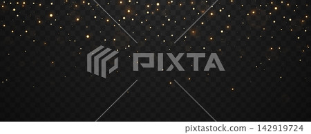 Golden glowing particles and sparkling lights. Christmas dust on transparent background. Glitter texture. Elegant gold festive effect for luxury, celebration or beauty design. Vector illustration Golden glowing particles and sparkling lights. Christmas dust on transparent background. Glitter texture. Elegant gold festive effect for luxury, celebration or beauty design. Vector illustration 142919724