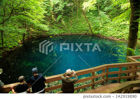 Aoiike Blue surrounded by fresh greenery | Twelve Lakes, Fukaura Town, Aomori Prefecture on a sunny day Aoiike Blue surrounded by fresh greenery | Twelve Lakes, Fukaura Town, Aomori Prefecture on a sunny day 142919890