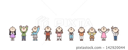 一組描繪 10 個孩子(5 個男孩和 5 個女孩)抬頭仰望的插圖。 一組描繪 10 個孩子(5 個男孩和 5 個女孩)抬頭仰望的插圖。 142920044