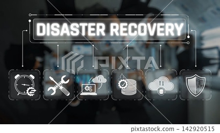 A visual representation of disaster recovery, showcasing technology and teamwork through various icons. It emphasizes planning, implementation, and risk management for businesses. Sigmoid A visual representation of disaster recovery, showcasing technology and teamwork through various icons. It emphasizes planning, implementation, and risk management for businesses. Sigmoid 142920515