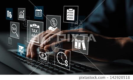 Close-up of Hands Typing on Laptop with Digital Tax and Finance Icons for Online Accounting and Business Management Applications. Entropy 142920518