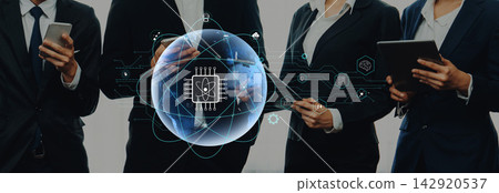 Business professionals engaging with technology representing innovation and digital transformation in modern corporate environment with artificial intelligence focus Trope Business professionals engaging with technology representing innovation and digital transformation in modern corporate environment with artificial intelligence focus Trope 142920537
