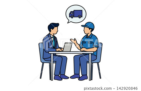 一幅商務會議的線條藝術圖標,其中一名員工和一名送貨司機正在討論送貨計劃和物流服務。 一幅商務會議的線條藝術圖標,其中一名員工和一名送貨司機正在討論送貨計劃和物流服務。 142920846