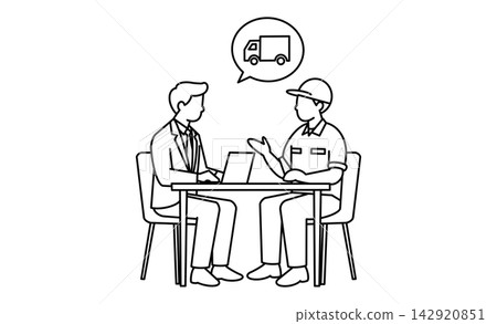 Line art icon of a business meeting where an employee and a delivery driver discuss delivery plans and logistics services. Line art icon of a business meeting where an employee and a delivery driver discuss delivery plans and logistics services. 142920851