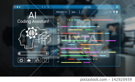 Futuristic AI Coding Assistant Interface Displaying Colorful Code Lines in a Modern Workspace with Developers Collaborating in the Background. Entropy Futuristic AI Coding Assistant Interface Displaying Colorful Code Lines in a Modern Workspace with Developers Collaborating in the Background. Entropy 142920939
