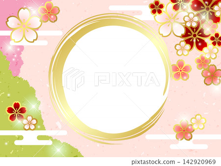 Pink washi paper, cherry blossom pattern, round brush, background, illustration, cute, Japanese style, glitter, horizontal Pink washi paper, cherry blossom pattern, round brush, background, illustration, cute, Japanese style, glitter, horizontal 142920969