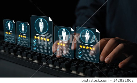 Visual representation of a digital candidate evaluation process, featuring virtual profiles with ratings, focused on the modern hiring experience in a technology-driven world. Sigmoid Visual representation of a digital candidate evaluation process, featuring virtual profiles with ratings, focused on the modern hiring experience in a technology-driven world. Sigmoid 142921002