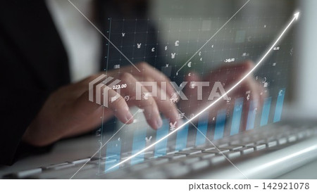 Business Analyst Working on Data Analysis and Statistics with Digital Graphs Representing Financial Growth and Currency Exchange Rates Copula 142921078