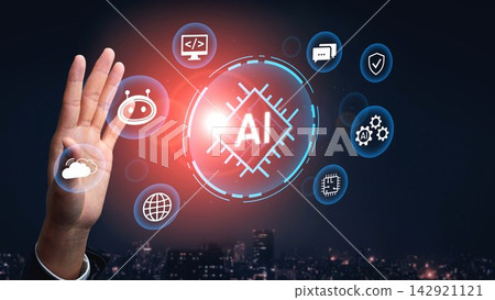 Hand Reaching Out to AI Symbol Surrounded by Technology Icons Representing Innovation, Data, and Connectivity in a Futuristic Setting. Entropy Hand Reaching Out to AI Symbol Surrounded by Technology Icons Representing Innovation, Data, and Connectivity in a Futuristic Setting. Entropy 142921121