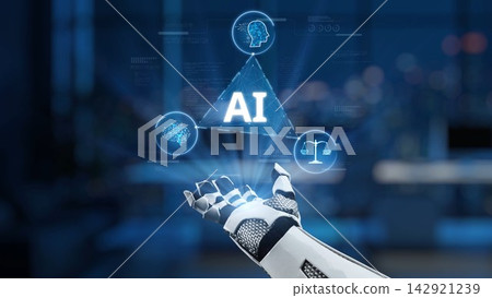 Futuristic Robotic Hand Displaying AI Symbols in Modern Digital Environment with High-Tech Background and Concept of Intelligent Automation Synapse Futuristic Robotic Hand Displaying AI Symbols in Modern Digital Environment with High-Tech Background and Concept of Intelligent Automation Synapse 142921239