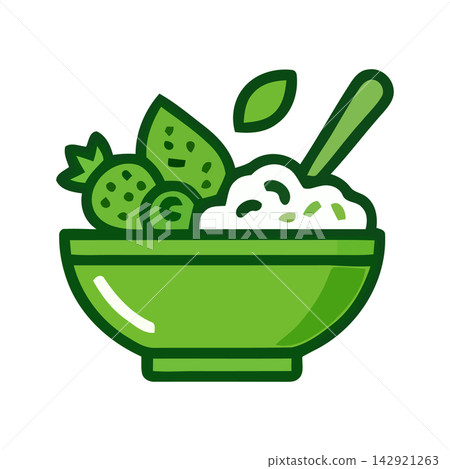 Delicious illustration of a vibrant green breakfast smoothie bowl packed with essential nutrients for optimal wellness. Delicious illustration of a vibrant green breakfast smoothie bowl packed with essential nutrients for optimal wellness. 142921263