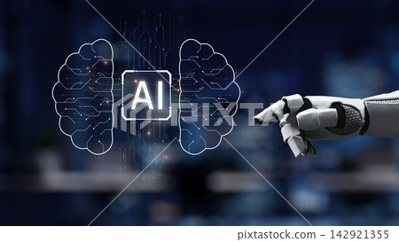 Futuristic robotic hand pointing at a visual representation of artificial intelligence and neural connections in a modern tech environment Synapse Futuristic robotic hand pointing at a visual representation of artificial intelligence and neural connections in a modern tech environment Synapse 142921355